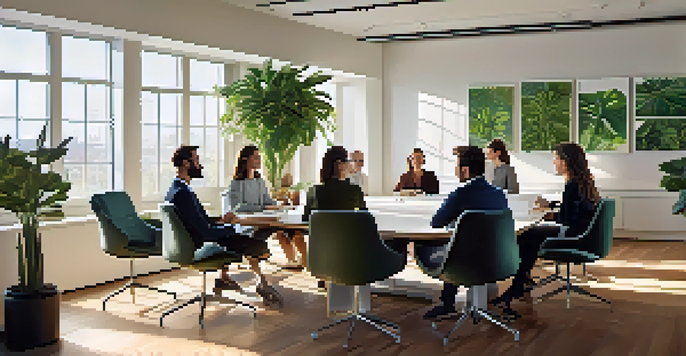 A diverse group of professionals discussing around a large table in a modern office, with laptops showing data visualizations.