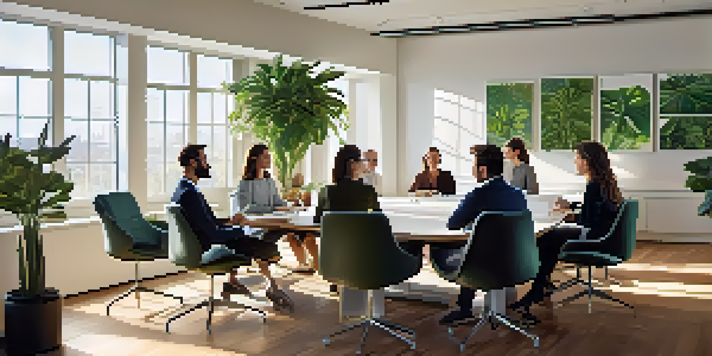 A diverse group of professionals discussing around a large table in a modern office, with laptops showing data visualizations.
