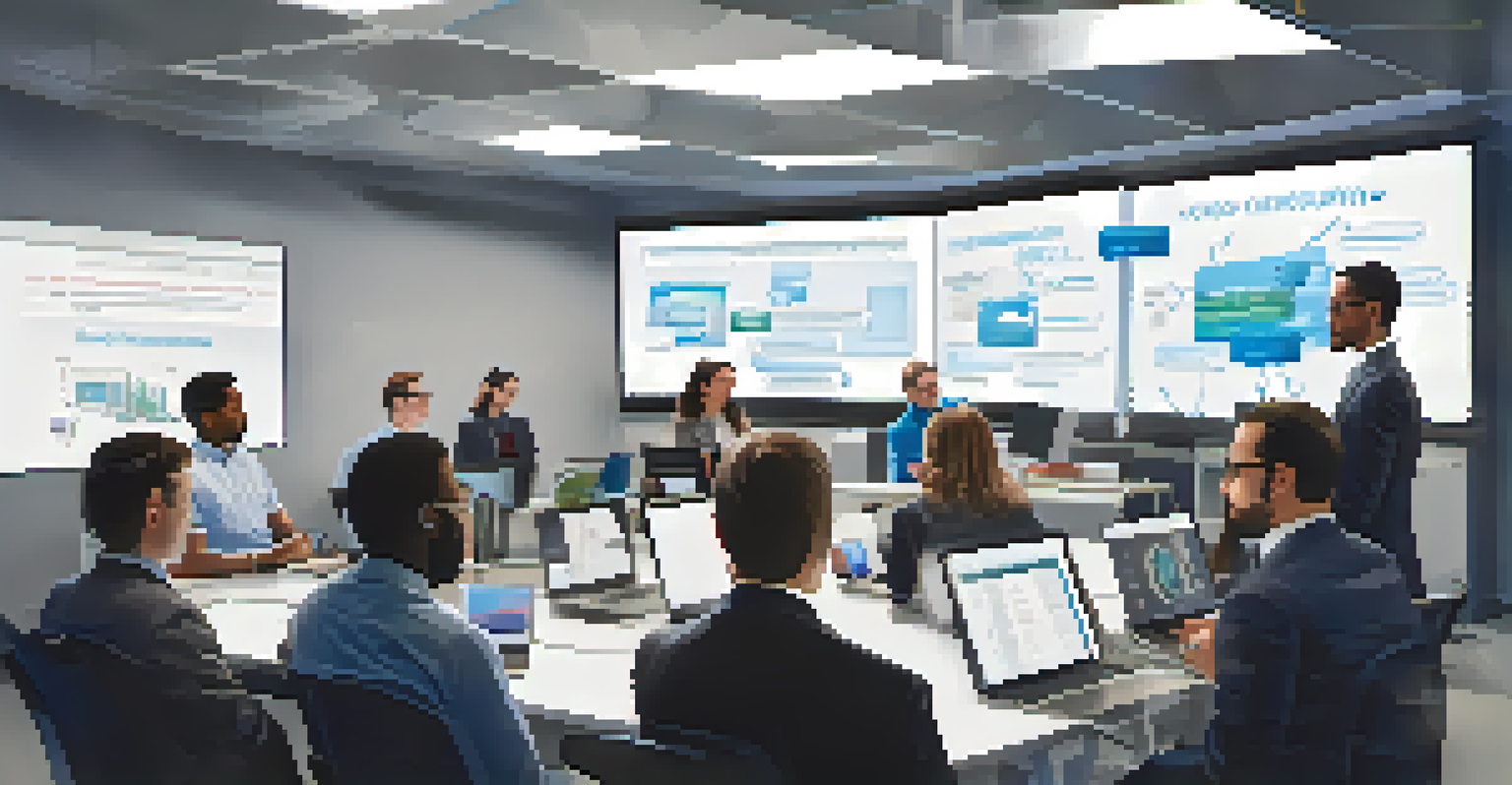 A diverse group of professionals in a modern office, participating in a cloud security training session with a large screen displaying information.