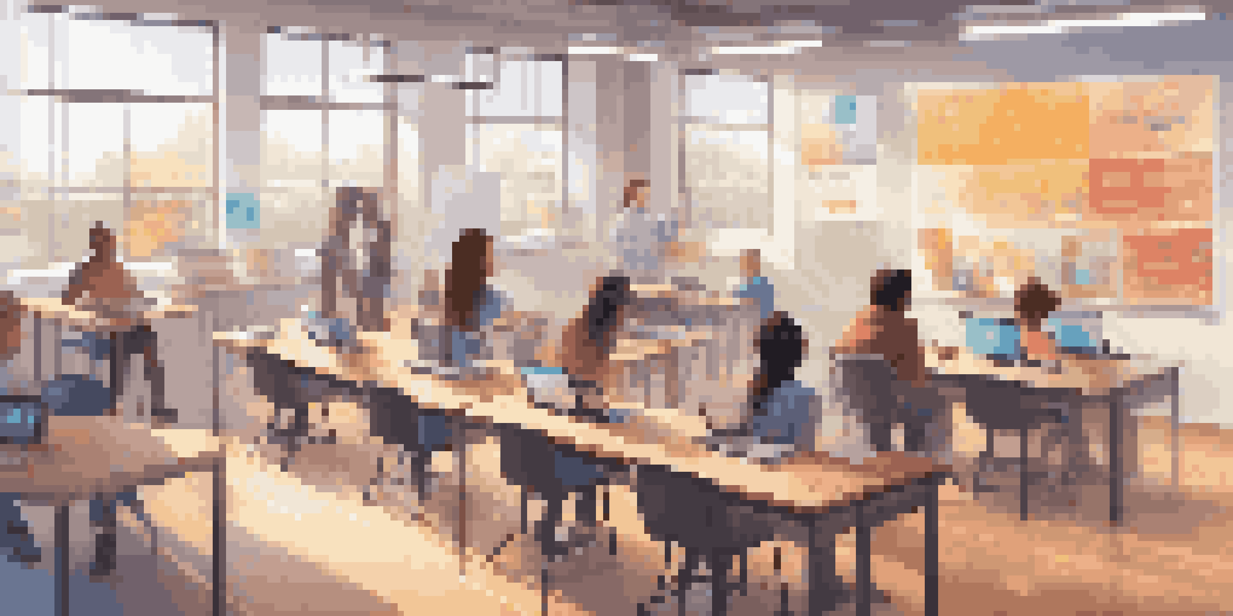 A classroom filled with diverse students working together, with a digital screen showing blockchain graphics and colorful educational materials.