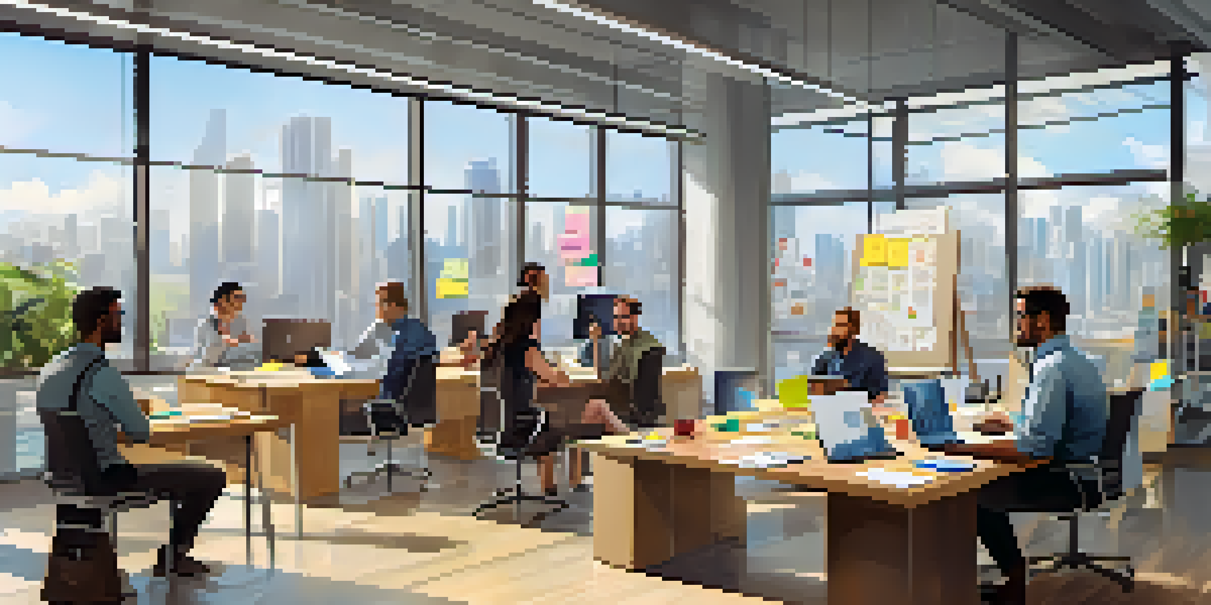 A bright and modern office with professionals from different backgrounds brainstorming together around a wooden table filled with laptops and coffee cups, surrounded by colorful post-it notes and whiteboards.