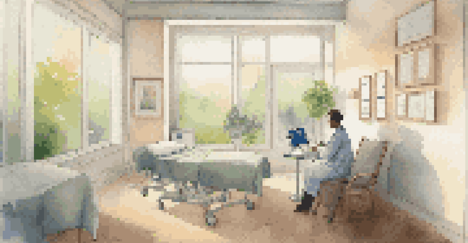 A doctor in a serene healthcare setting analyzing patient feedback on a tablet, with soft lighting and a view of nature outside, creating a calm atmosphere.