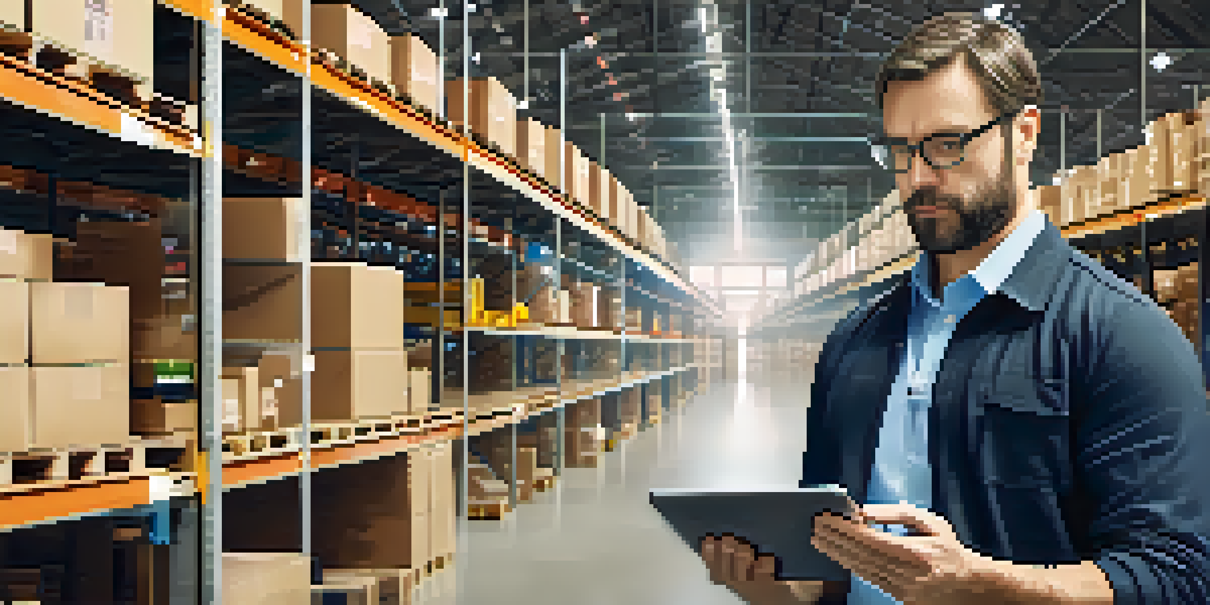 A warehouse manager using a tablet in a well-lit warehouse to check inventory levels, surrounded by shelves of boxes, illustrating the integration of mobile technology in supply chains.