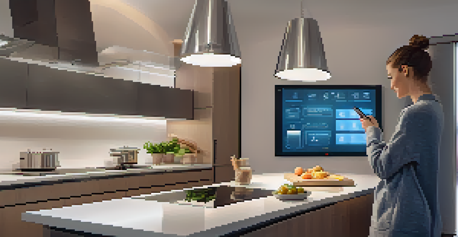 A futuristic kitchen with smart appliances, featuring a person using a tablet to control cooking processes in a warmly lit environment.