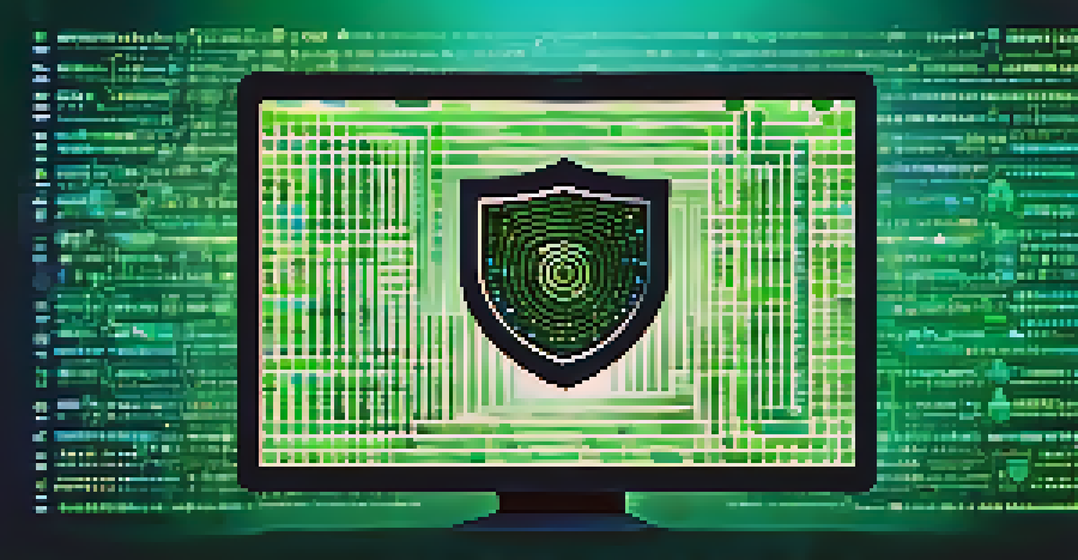 A digital shield made of binary code representing security layers, with icons for fingerprint, smartphone, and password, against a blue and green gradient background.