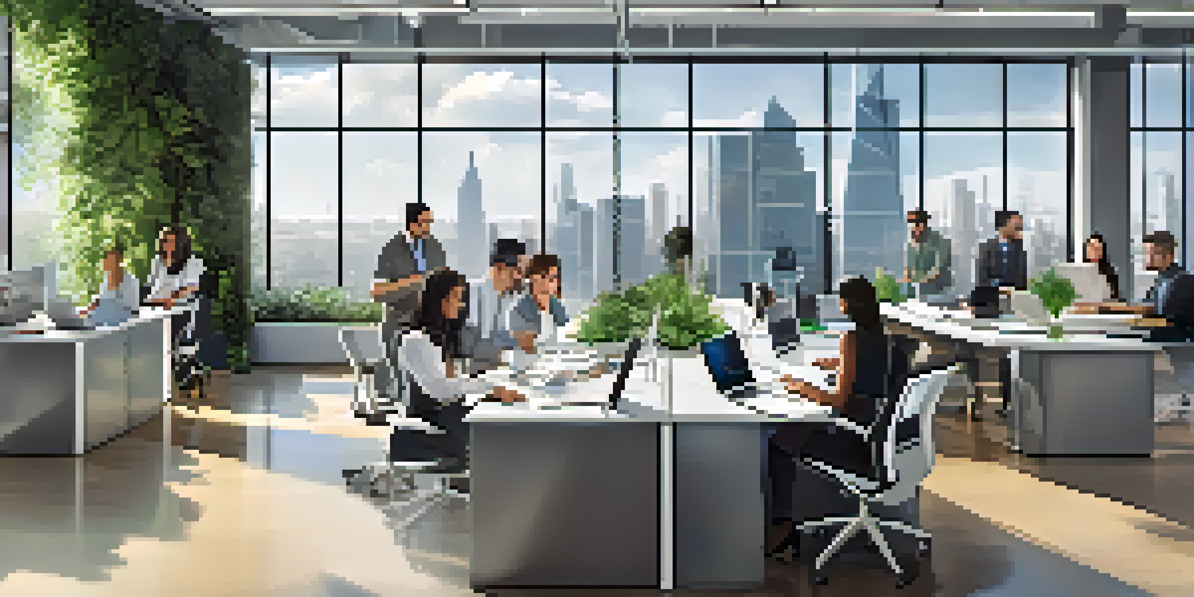 A diverse group of professionals collaborating in a bright office with laptops and digital screens showing project timelines.
