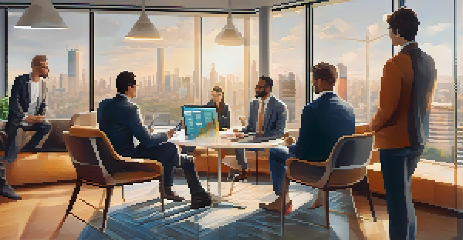 A diverse group of people working together around a digital tablet displaying a smart contract in a modern office setting with a city view.