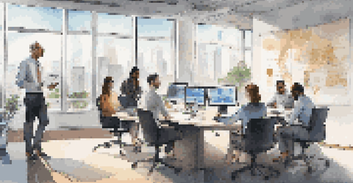 A diverse group of professionals in a modern office discussing privacy-enhancing technologies, with sunlight streaming through large windows and digital devices on the table.