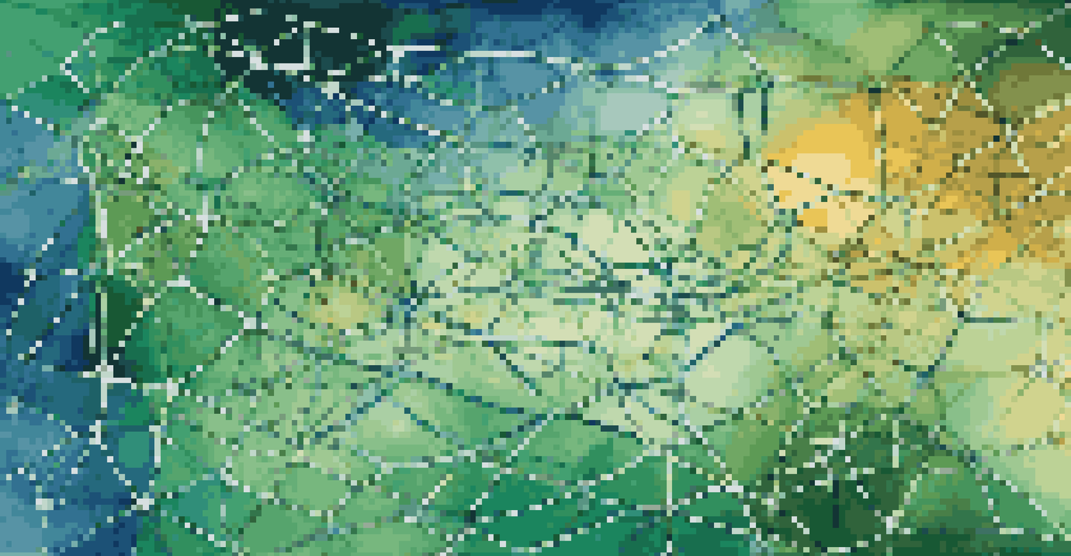 An intricate neural network diagram with glowing nodes and connections against a blue and green gradient background, representing technology in climate science.