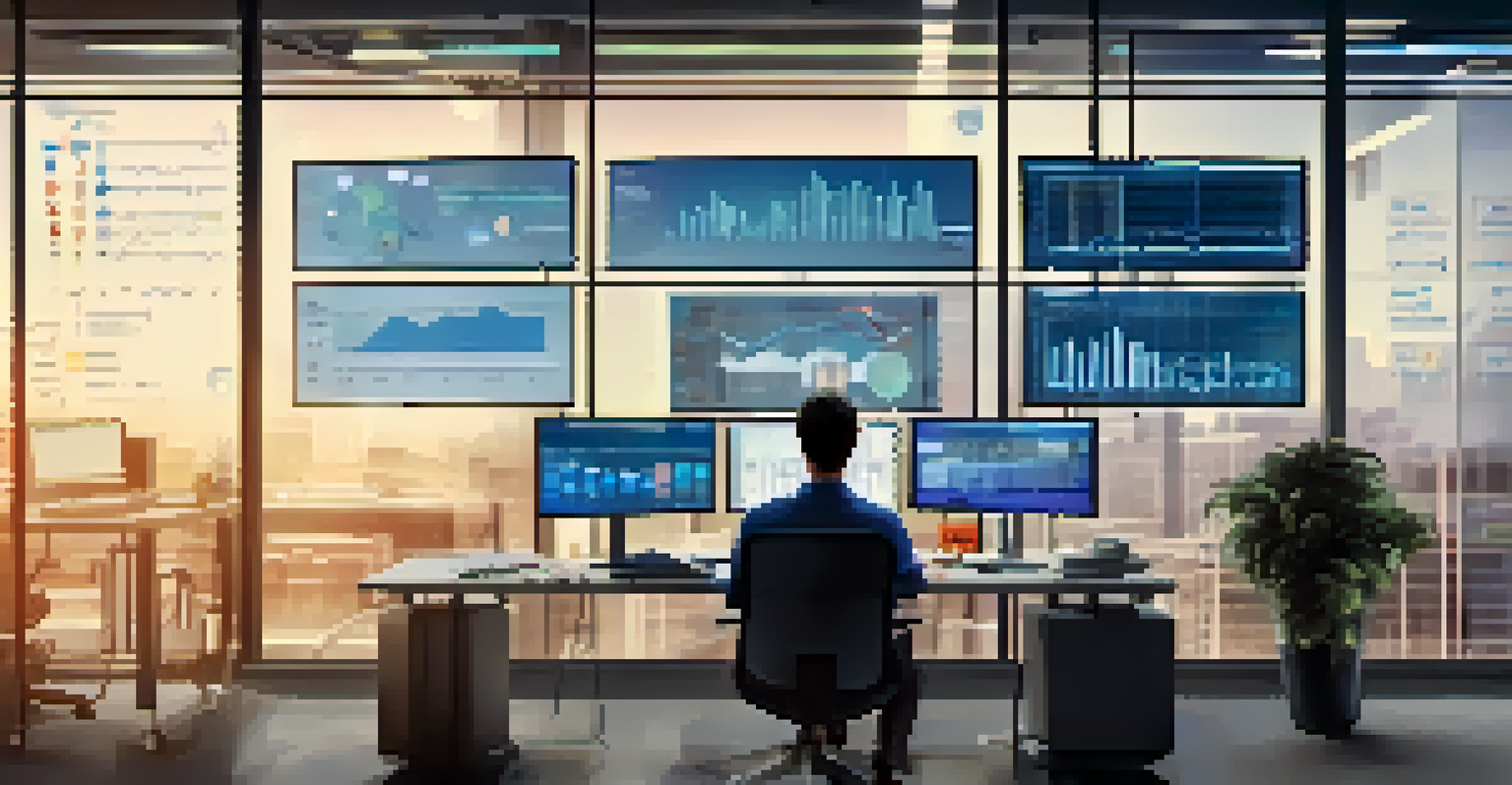 An IT professional examining performance metrics on a screen filled with graphs and charts in an office setting.