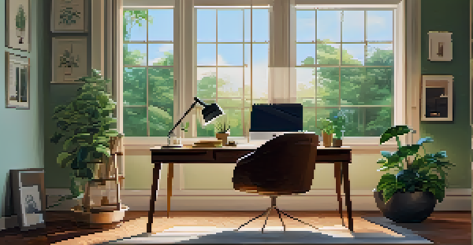 A cozy home office with a wooden desk, laptop, potted plant, and warm lighting, overlooking a garden.