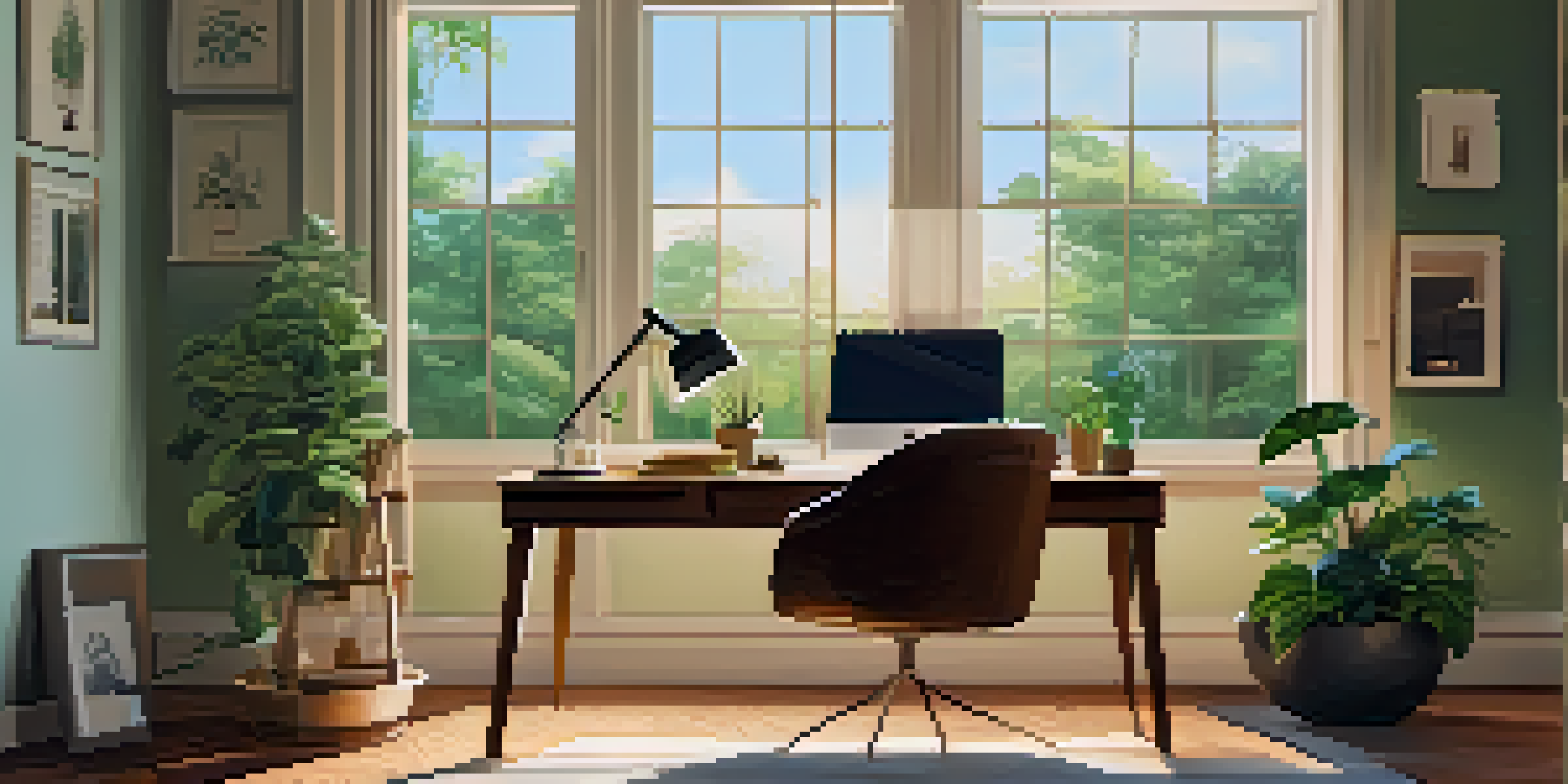 A cozy home office with a wooden desk, laptop, potted plant, and warm lighting, overlooking a garden.