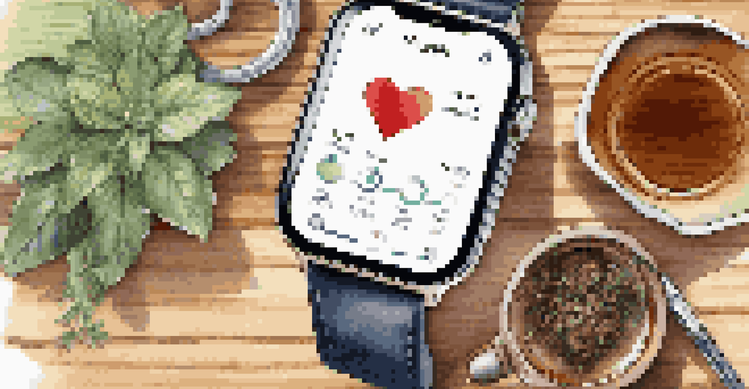 A smartwatch showing mental health metrics on a wooden table with a cup of tea and a journal.