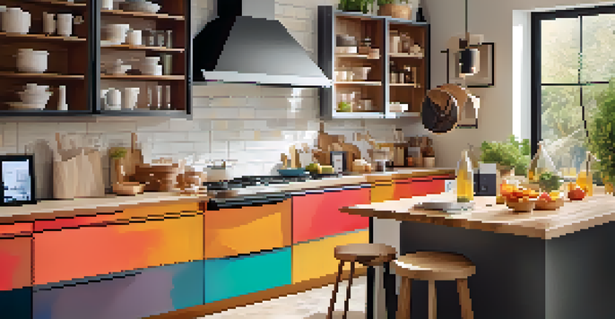 A modern kitchen where a person is cooking while using a smart speaker to add items to a shopping list, surrounded by colorful ingredients.