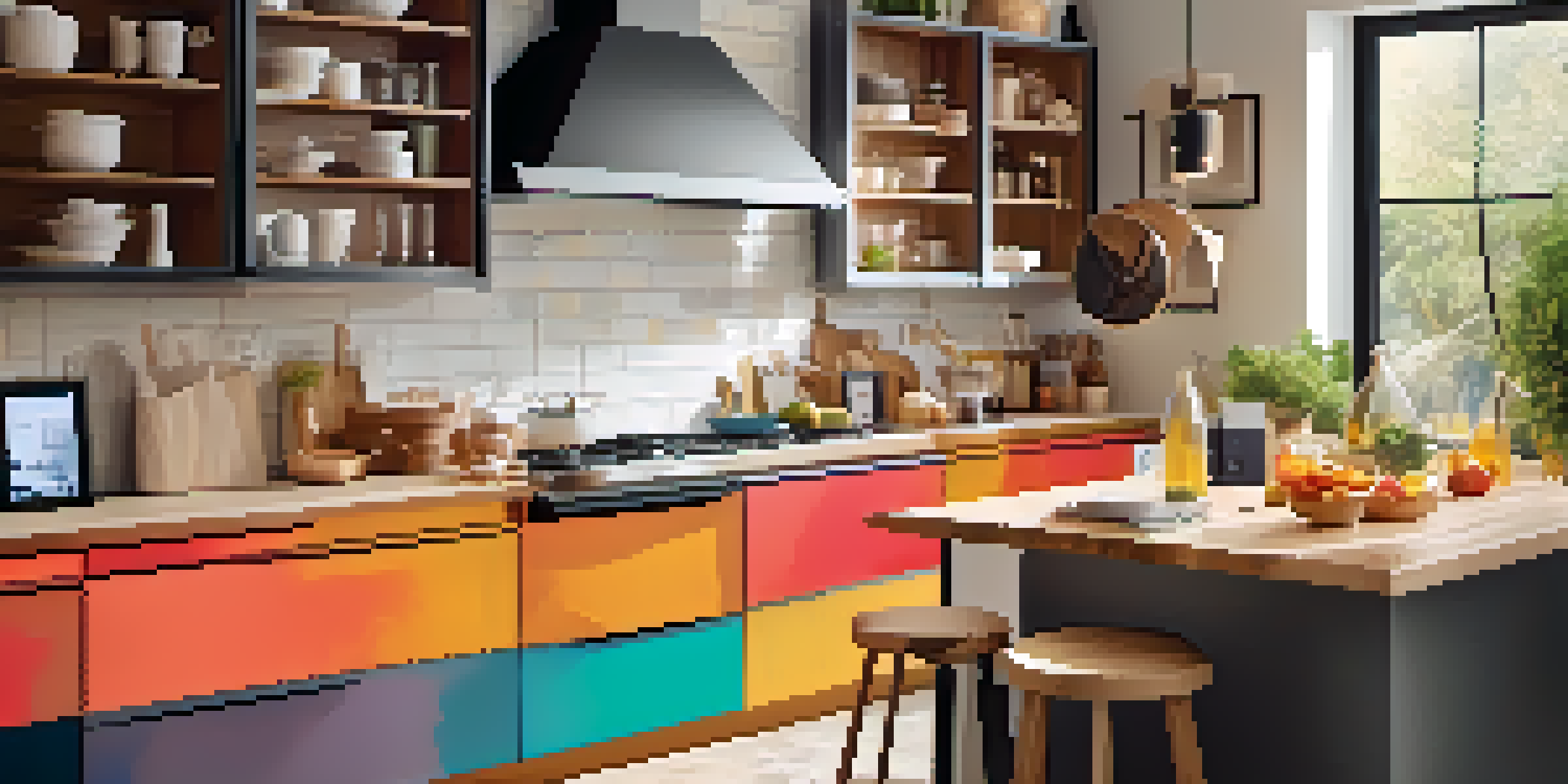 A modern kitchen where a person is cooking while using a smart speaker to add items to a shopping list, surrounded by colorful ingredients.