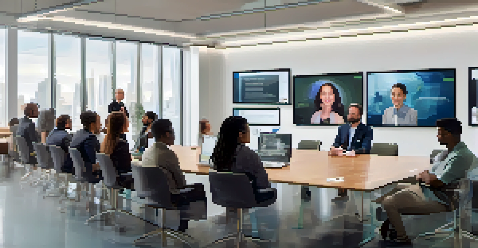 Diverse individuals in a conference room discussing ethical AI with digital screens displaying relevant keywords.
