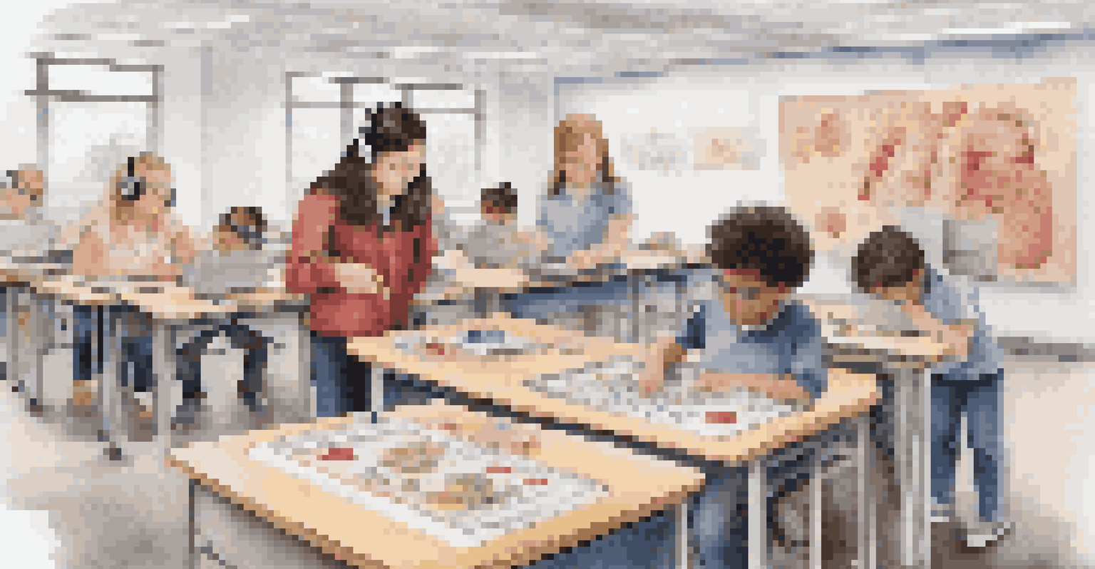 A teacher assisting visually impaired students in a classroom, using augmented reality tools and tactile materials to explore a digital model of the human heart.