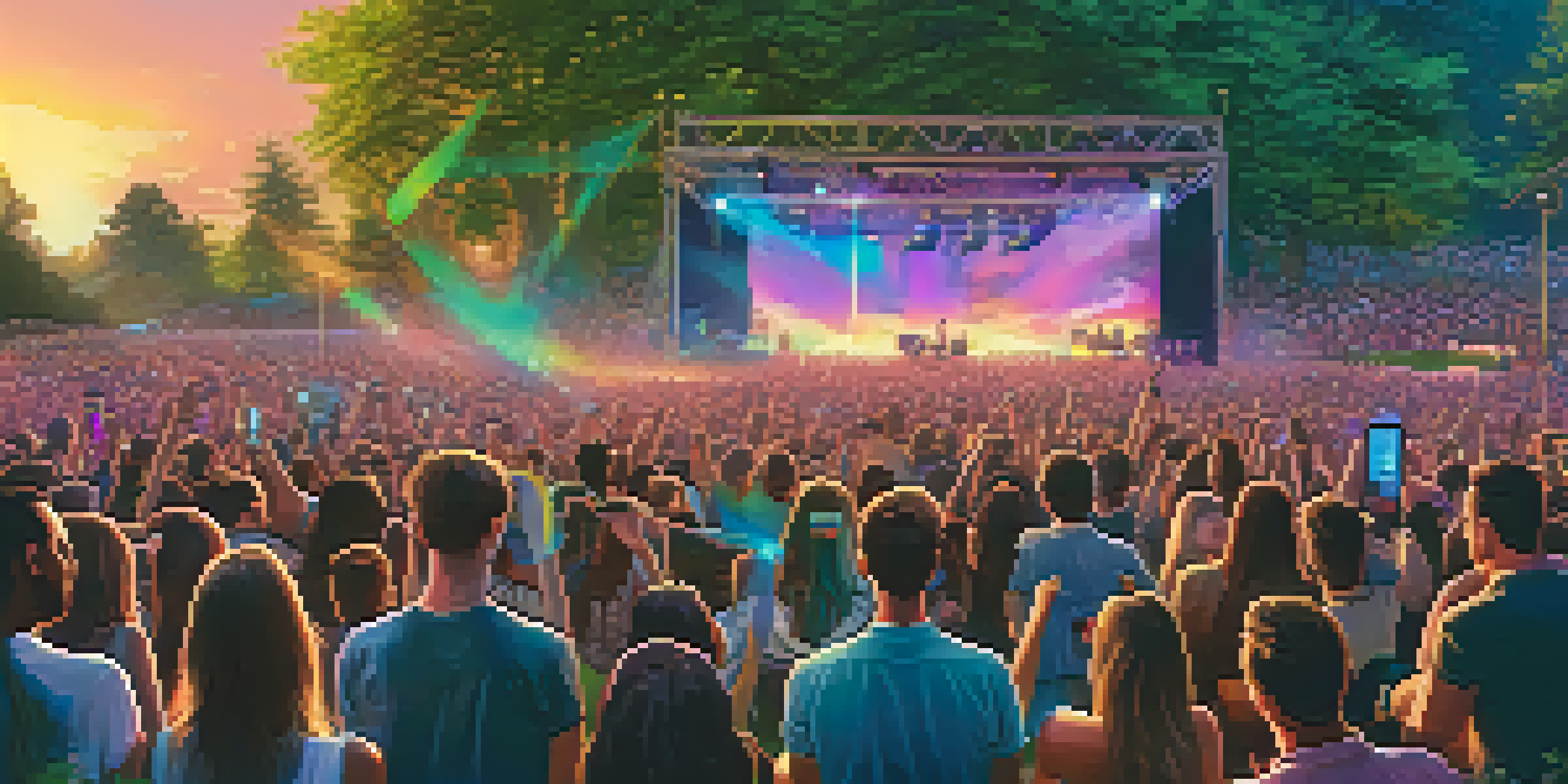 A lively outdoor concert featuring a holographic band with colorful effects, surrounded by an enthusiastic audience and a sunset backdrop.
