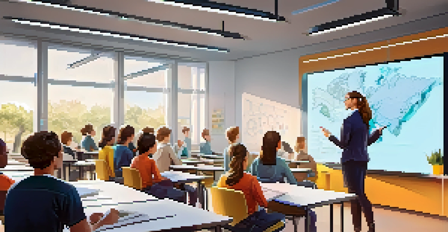 A modern classroom with a digital board showing student performance analytics, as a teacher engages with attentive students.