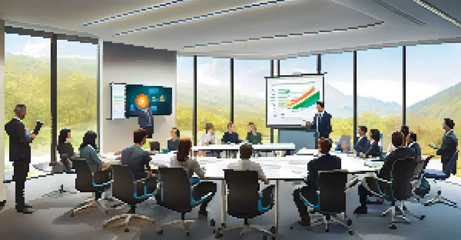 An IT professional leading a training session in a conference room with participants engaged and a projector displaying information.