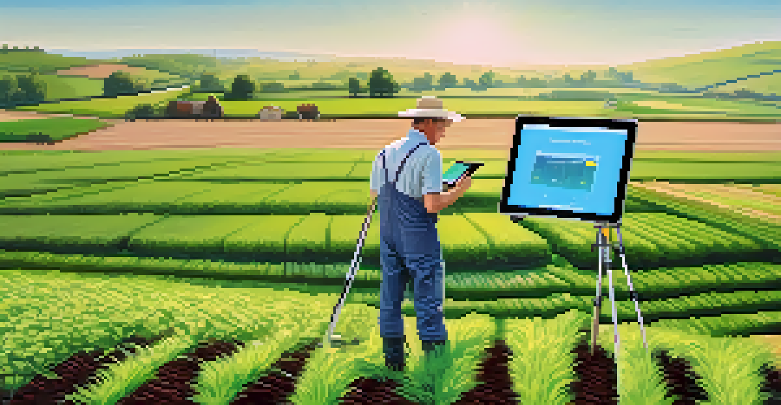 A farmer using a tablet in a field to monitor soil moisture, with green crops and advanced sensors in the ground.