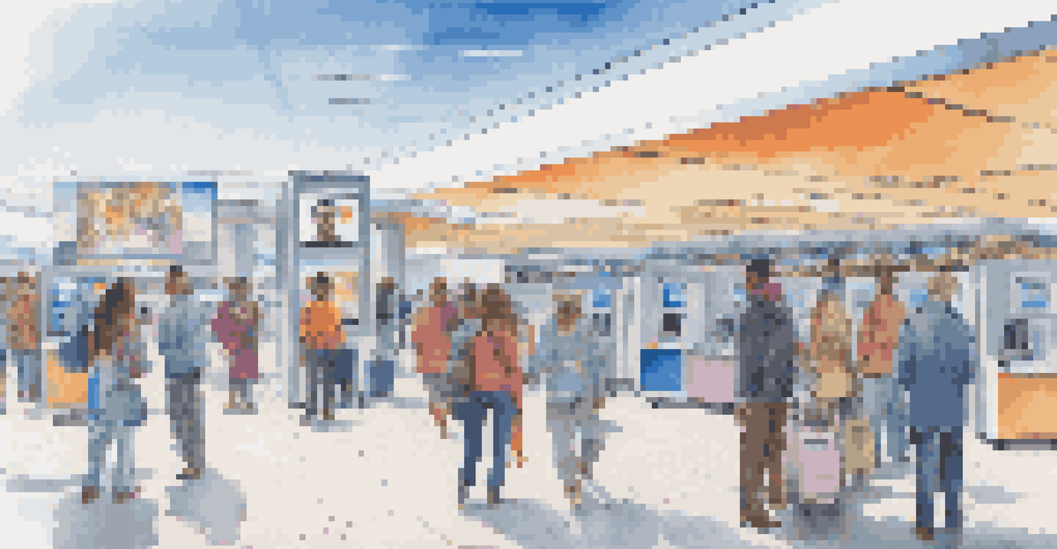 A diverse group of travelers using biometric technology at an airport with kiosks featuring facial recognition and fingerprint sensors.