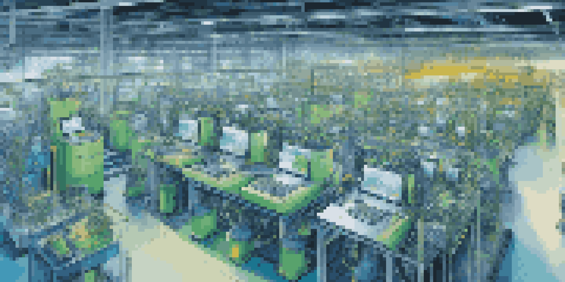 A futuristic factory with machines connected by technology, displaying real-time data on screens, and workers in safety gear.
