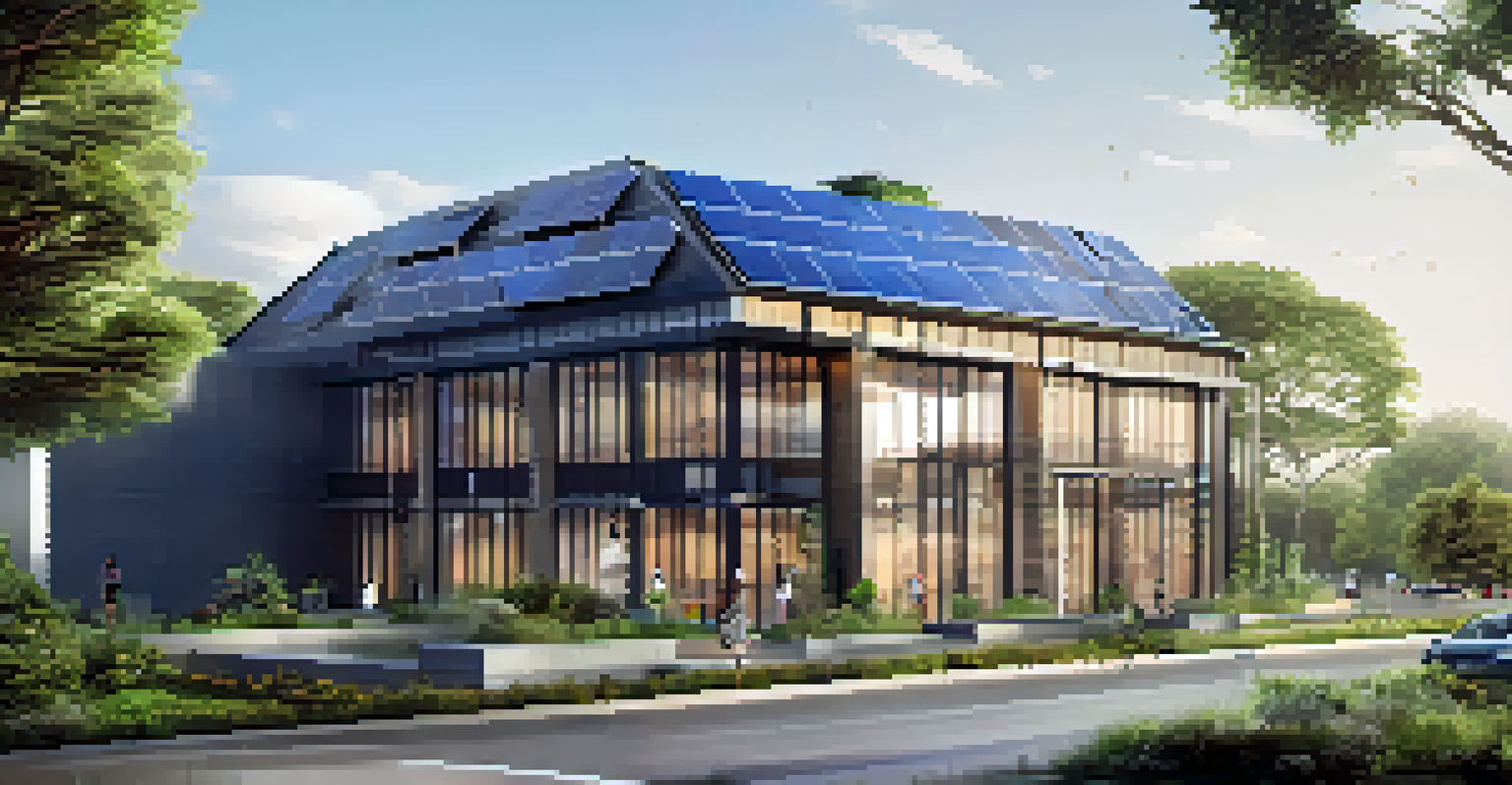 A modern urban smart building with solar panels and sensors, surrounded by greenery under a clear blue sky.