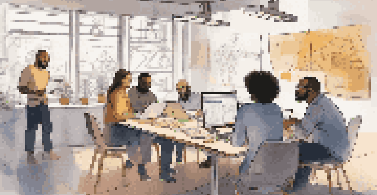 A diverse team of creatives collaborating around a table with laptops and digital assets projected on a screen in a warm and inviting atmosphere.