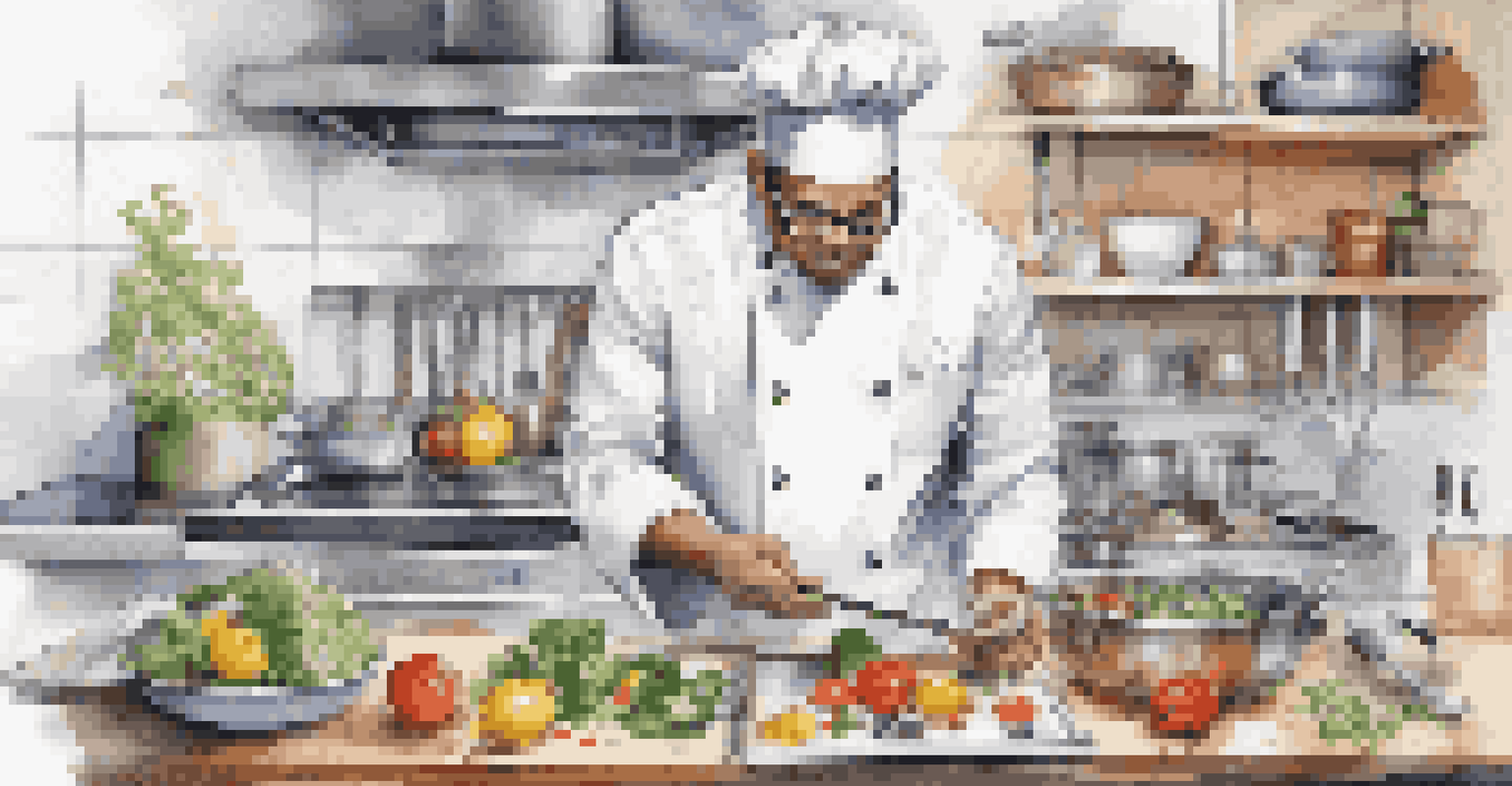 A chef in a bright kitchen using a tablet to analyze data while cooking.