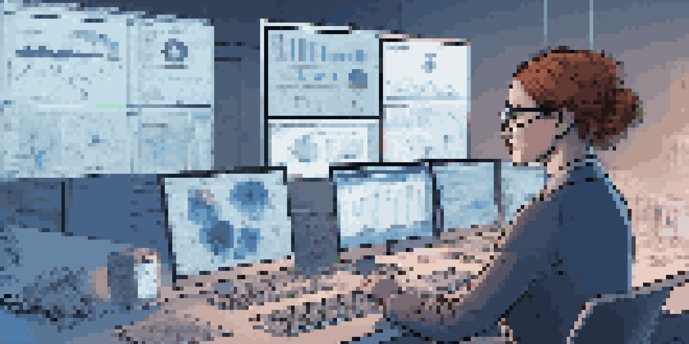 A digital forensics expert analyzing data in a dimly lit office with multiple screens and scattered papers.