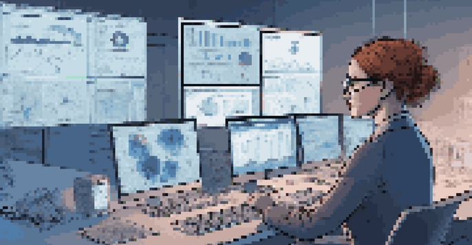 A digital forensics expert analyzing data in a dimly lit office with multiple screens and scattered papers.