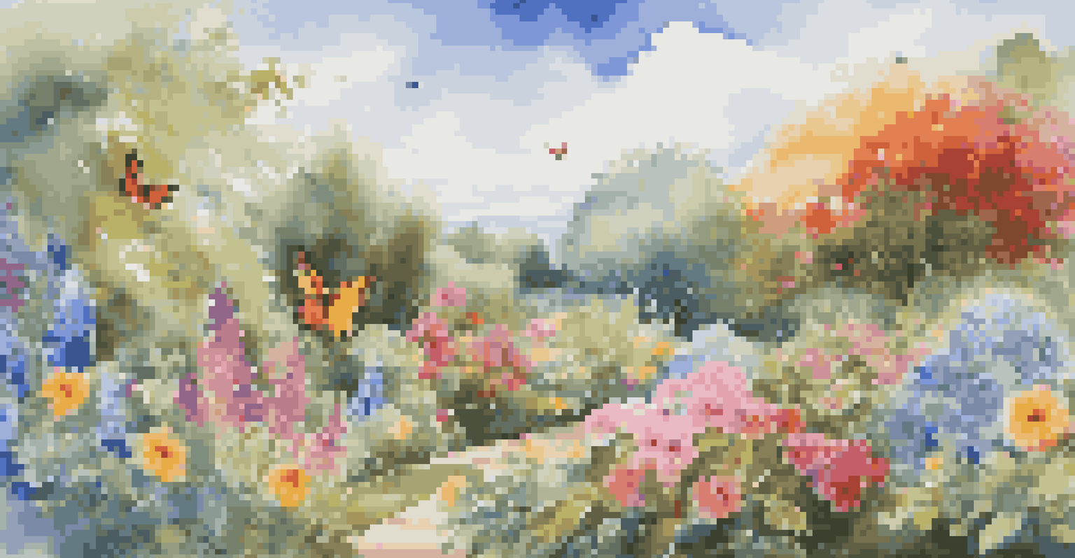 A vibrant garden filled with colorful flowers and a butterfly, set against a bright blue sky and white clouds.