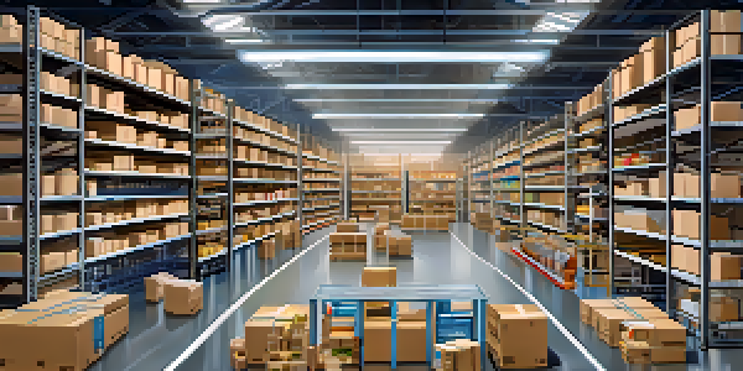 A spacious warehouse with robotic arms sorting packages on a conveyor belt under bright lighting, highlighting an organized and efficient automated logistics environment.