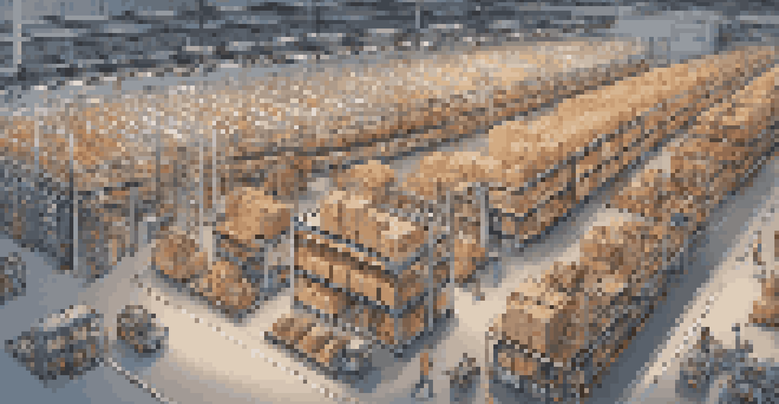 An aerial view of a busy warehouse with robots and organized inventory management.