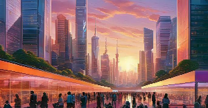 A vibrant skyline of a smart city at sunset with futuristic buildings, green spaces, and people using technology.