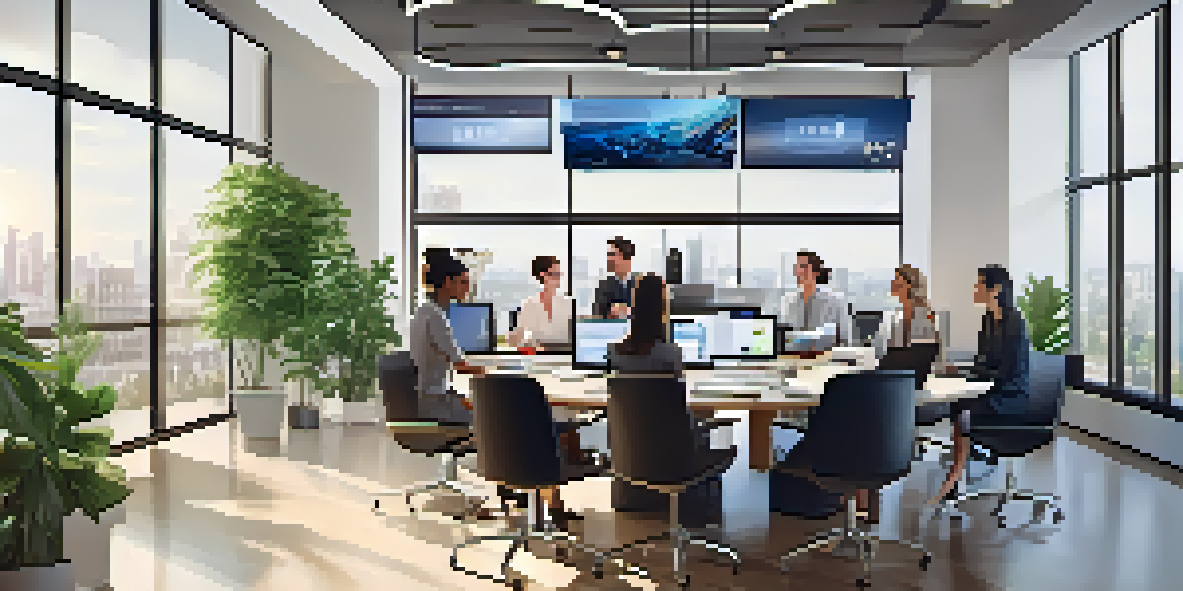 A diverse team working together in a contemporary office, with a large screen showing a knowledge management system and natural light coming in from the windows.
