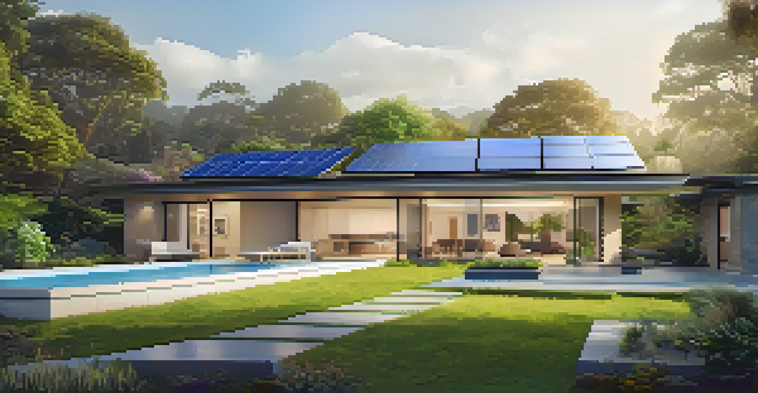 An outdoor view of a modern smart home featuring solar panels and security cameras, with a garden in front.