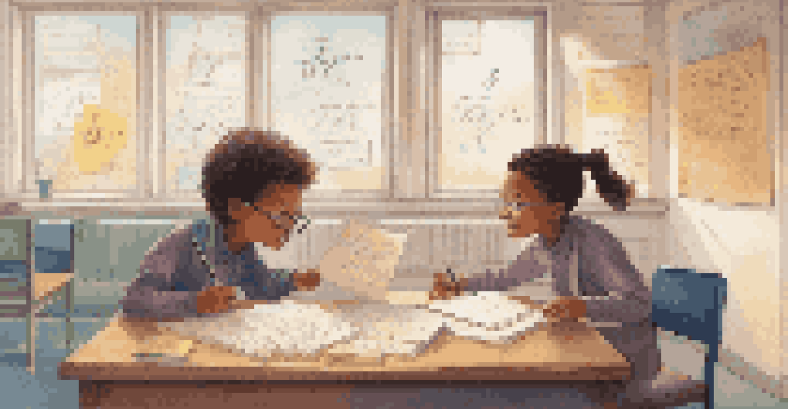 Two friends sharing secret notes in a colorful classroom with a chalkboard displaying equations, illuminated by soft afternoon light.