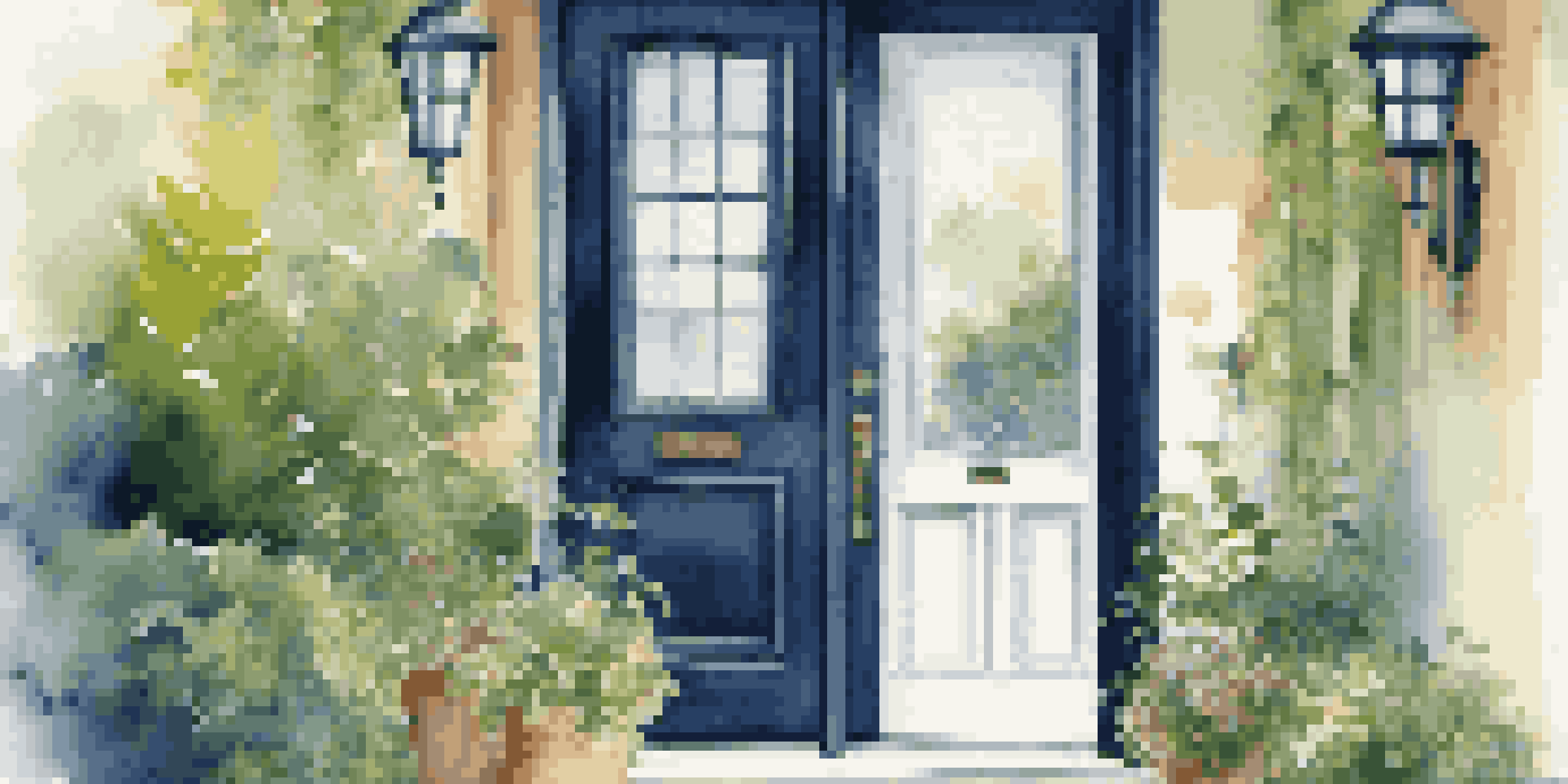 A modern smart doorbell on a stylish navy blue front door, surrounded by green plants and flowers, with sunlight casting gentle shadows.