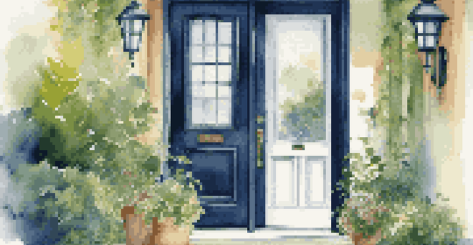 A modern smart doorbell on a stylish navy blue front door, surrounded by green plants and flowers, with sunlight casting gentle shadows.