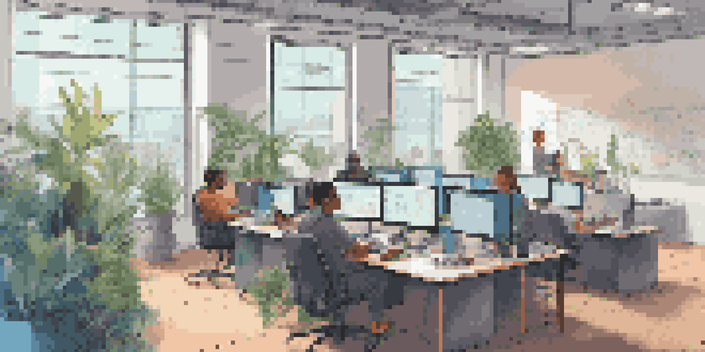 A diverse group of developers working together in a bright office, with laptops open and code on the screens, surrounded by plants and modern decor.