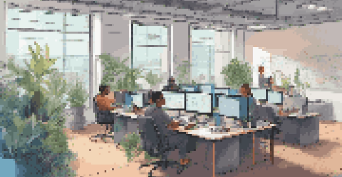 A diverse group of developers working together in a bright office, with laptops open and code on the screens, surrounded by plants and modern decor.