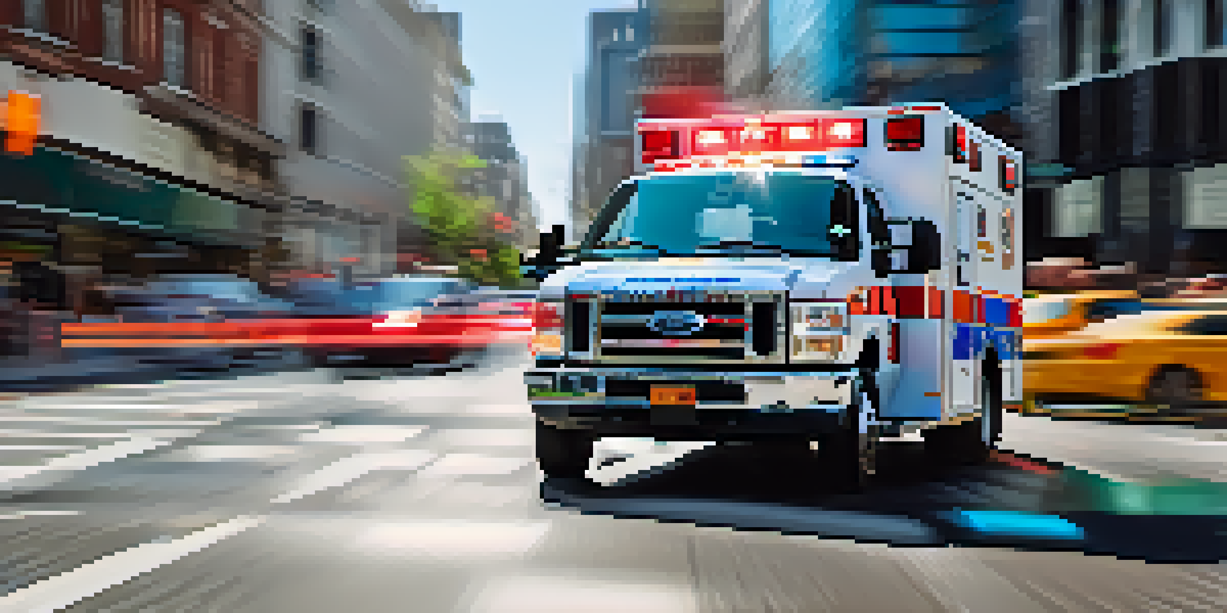 A paramedic in an emergency vehicle driving through a busy city street, with digital maps visible on the dashboard.