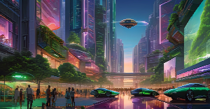 A futuristic city with skyscrapers, neon lights, and flying cars, bustling with diverse people and greenery.