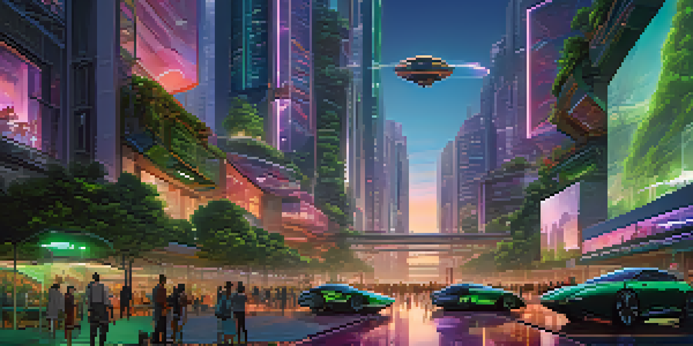 A futuristic city with skyscrapers, neon lights, and flying cars, bustling with diverse people and greenery.