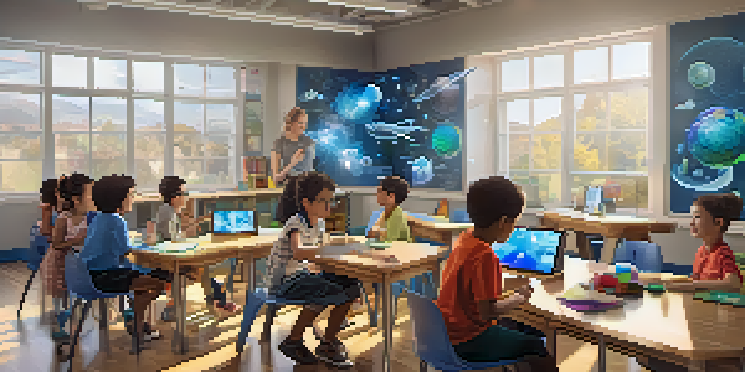 A classroom filled with students engaged in augmented reality learning, interacting with 3D models while a teacher assists them.
