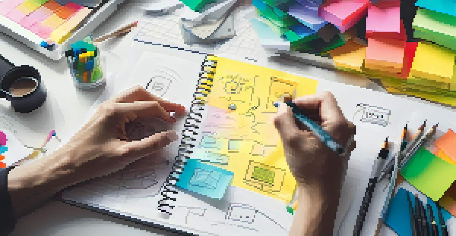 A designer sketching mobile app ideas on a notepad, surrounded by design tools and sticky notes.