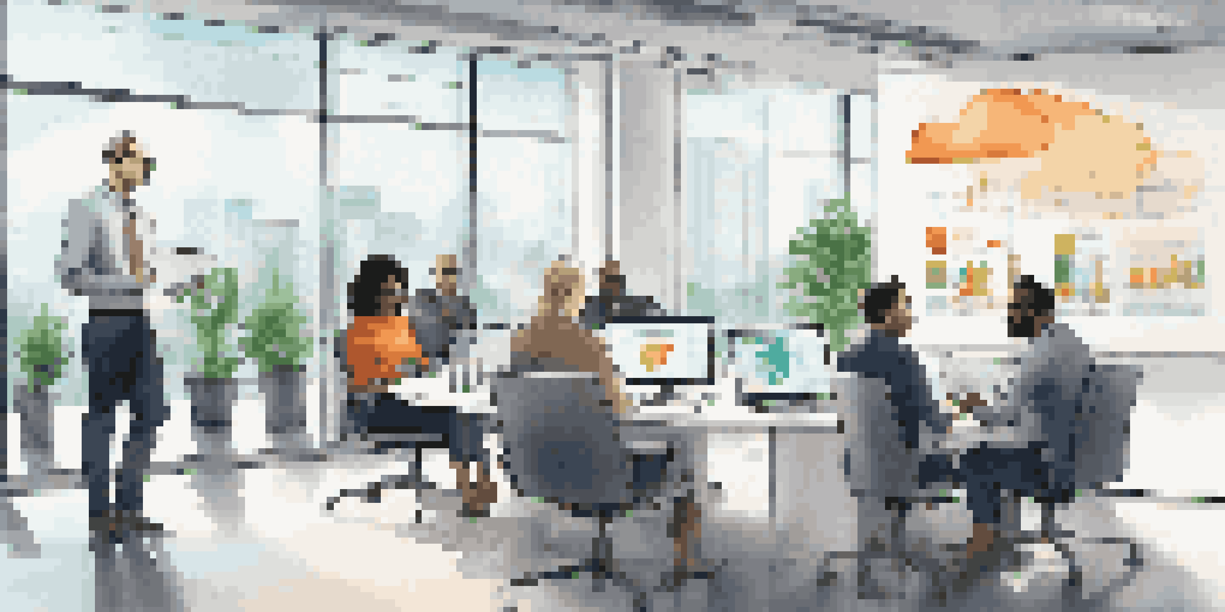 A diverse team of professionals in a bright office discussing cloud security certifications, with a digital screen displaying certification logos.