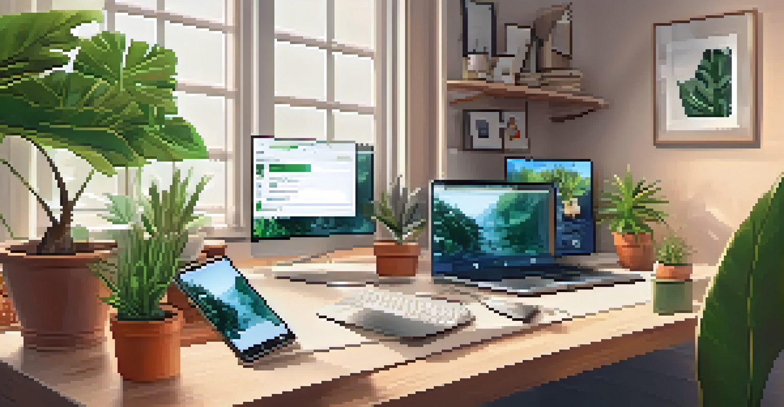 A website owner in a cozy home office checking security updates on a laptop, with a warm and inviting atmosphere.